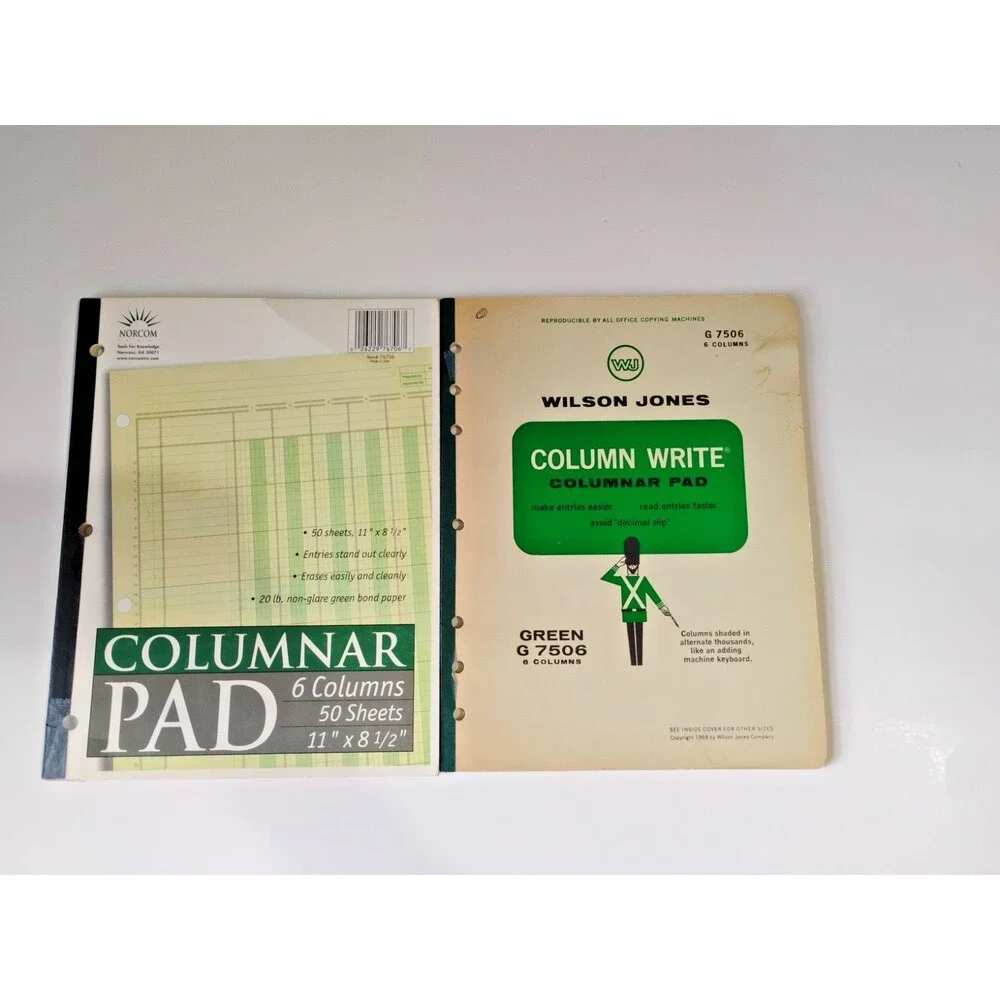 Set of 2 vintage accounting ledgers, both 6-column, 50 pages, green  New